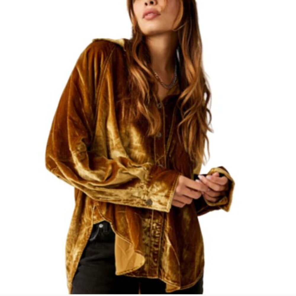 We the Free Night Skies Velvet Shirt - Golden Brown Size XS